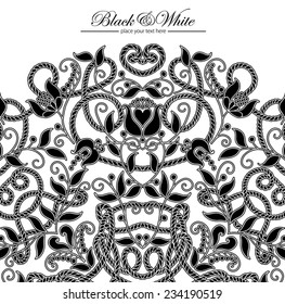 vector ornamental background with floral elements and stylized ropes in black and white