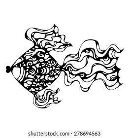 Vector ornamental black and white fish with big decorative tail