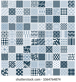 Vector ornamental black and white seamless backdrops set, 100 geometric patterns collection. Ornate textures made in modern simple style.