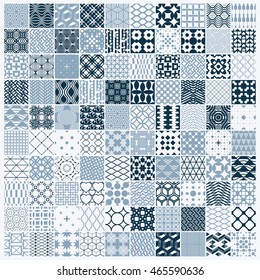 Vector ornamental black and white seamless backdrops set, 100 geometric patterns collection. Ornate textures made in modern simple style.