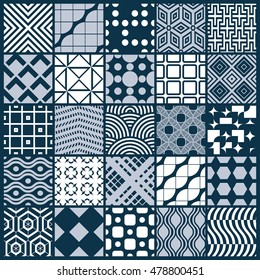 Vector ornamental black and white seamless backdrops set, geometric patterns collection. Ornate textures made in modern simple style.
