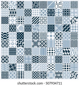 Vector ornamental black and white seamless backdrops set, 100 geometric patterns collection. Ornate textures made in modern simple style.