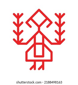 Concepto ornamental vectorial para el bordado. Símbolo rojo de la mujer finlandesa. Icono de esquema de la vestimenta de una chica káreliana con traje nacional tradicional. Signo decorativo de una mujer con orejas de trigo