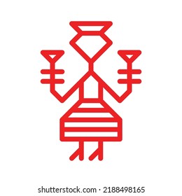 Vector ornamental concept for embroidery. Red symbol of Finnish woman. Outline icon of Karelian girl dressing in traditional national costume. Decorative sign of female person holding flowers