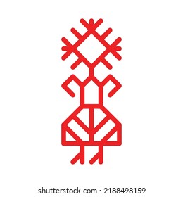 Vector ornamental concept has red simple symbol of woman. Outline icon of girl in traditional national dress of Karelia and Finland peoples. Decorative sign of female person for native embroidery
