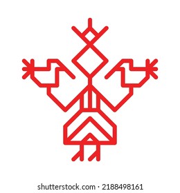 Vector ornamental concept has red simple symbol of woman. Outline icon of girl in traditional national dress of Karelia and Finland peoples. Decorative sign of female person holding birds