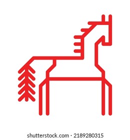 Vector ornamental concept has red simple symbol of horse. Outline icon of animal is traditional decorative element of Karelia and Finland peoples. National sign of hoss