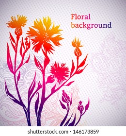 vector ornamental cornflower flower card. illustration drawn with ink and brush. texture of paper and blots. place for your text