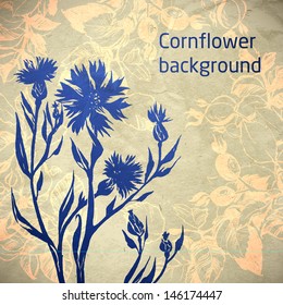 vector ornamental cornflower flower card. illustration drawn with ink and brush. texture of paper and blots. place for your text