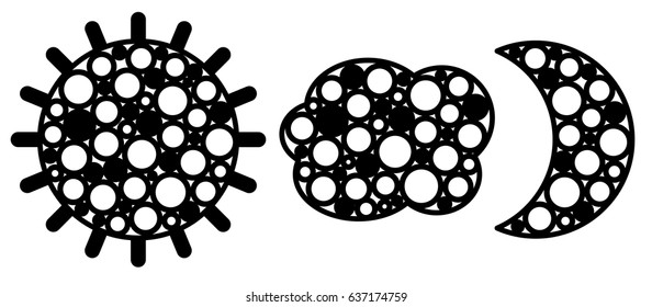 
Vector ornamental crescent, cloud and sun with circles. Laser cut template for Christmas wood carved openwork moon. Silhouette with a lacy eastern pattern. Stencil for ornate vintage decoration.