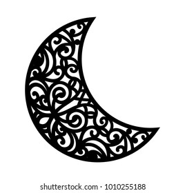 Vector ornamental crescent. Laser cut template for Christmas carved openwork moon. Silhouette with a lacy eastern pattern. Stencil for ornate vintage decoration.