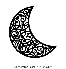 Vector ornamental crescent. Laser cut template for Christmas carved openwork moon. Silhouette with a lacy eastern pattern. Stencil for ornate vintage decoration.