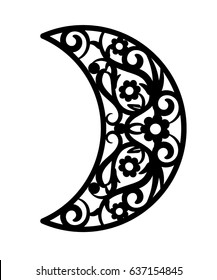 Vector ornamental crescent. Laser cut template for Christmas carved openwork moon. Silhouette with a lacy eastern pattern. Stencil for ornate vintage decoration.