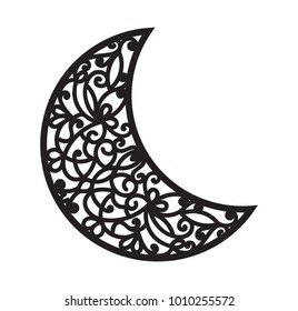 Vector ornamental crescent. Laser cutting template for Christmas carved openwork moon. Silhouette with a lacy eastern pattern. Stencil for ornate vintage decoration.