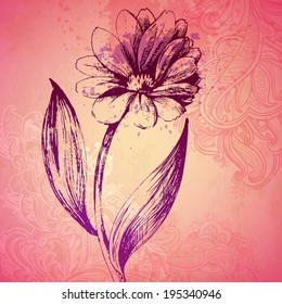 vector ornamental daisy flower card. illustration drawn with ink and brush. texture of paper and blots. place for your text