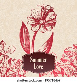 vector ornamental daisy flower card Summer Love. illustration drawn with ink and brush. texture of paper and blots. place for your text