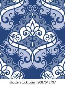 Vector ornamental damask pattern seamlessly tiling. Template for, ceramic, carpet, textile and any surface. Seamless vector pattern of Blue colors background.