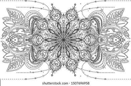 Vector ornamental design element, ethnic art, patterned Indian paisley. Hand drawn illustration. Invitation element. Tattoo, astrology, alchemy, boho and magic symbol. Black linework isolated on white