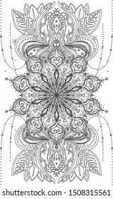 Vector ornamental design element, ethnic art, patterned Indian paisley. Hand drawn illustration. Invitation element. Tattoo, astrology, alchemy, boho and magic symbol. Black linework isolated on white