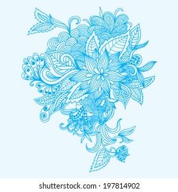 Vector ornamental element with abstract flowers in blue colors. Can be used for decoration of cards, invitations and web pages.