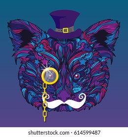 Vector ornamental face of gentleman red panda. Isolated on blue and purple gradient background. Line art style.