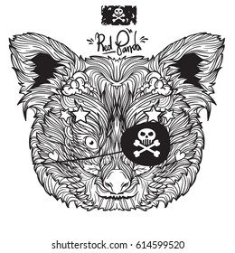 Vector ornamental face of pirates red panda. Isolated on white background. Line art style.