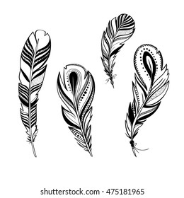 vector ornamental feathers, set of decorative bird feathers isolated on white; black and white illustration with boho style feathers