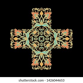Vector ornamental floral cross  with decorative stylized flowers on dark 
 background