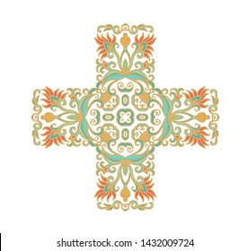 Vector ornamental floral cross  with decorative stylized flowers on white background