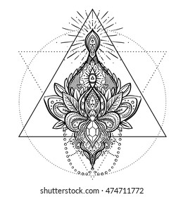 Vector ornamental floral element over sacred geometry, patterned Indian paisley. Hand drawn illustration. Trendy element. Tattoo, astrology, alchemy, boho and magic symbol. Coloring book for adults.