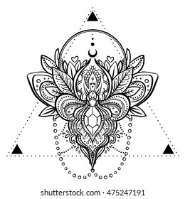 Vector ornamental floral element over sacred geometry, patterned Indian paisley. Hand drawn illustration. Trendy element. Tattoo, astrology, alchemy, boho and magic symbol. Coloring book for adults.