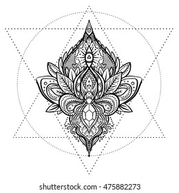 Vector ornamental floral element over sacred geometry, patterned Indian paisley. Hand drawn illustration. Trendy element. Tattoo, astrology, alchemy, boho and magic symbol. Coloring book for adults.