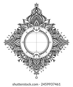Vector ornamental floral, ethnic art, patterned Indian paisley. Hand drawn illustration. Invitation element. Tattoo, astrology, alchemy, boho and magic symbol.