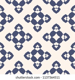 Vector ornamental floral seamless pattern. Navy blue and white elegant geometric background with flower figures, diamond shapes, crosses, repeat tiles. Abstract ornament texture. Design for decoration