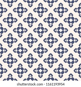 Vector ornamental floral seamless pattern. Navy blue and white geometric background with small flower figures, diamond shapes, crosses, repeat tiles. Abstract ornament texture. Design for decor, print