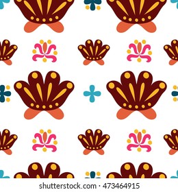 Vector ornamental floral seamless pattern in red, yellow and blue colors