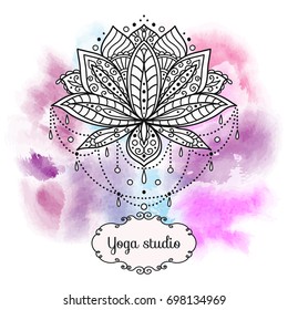 Vector ornamental flower lotus on watercolor background. Perfect cards for any other kind of design, yoga studio, tattoo. Ethnic art, astrology, alchemy, boho style, magic symbol. Element hand drawn.