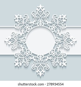 Vector ornamental frame with paper swirls, round vignette, cutout lacy snowflake, eps10