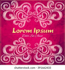 Vector ornamental frame. Pink background. Element for design. Place for text. Card for wedding invitations, birthday, thank you message. Elegant decor.