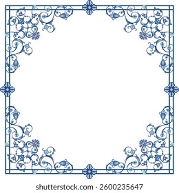 Vector ornamental frame series. Page decoration designs in Oriental and Turkish style, great for greeting cards and wedding invitations. Blue and violet colors. Human made, non-AI generated.
