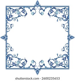 Vector ornamental frame series. Page decoration designs in Oriental and Turkish style, great for greeting cards and wedding invitations. Blue and violet colors. Human made, non-AI generated.