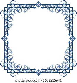 Vector ornamental frame series. Page decoration designs in Oriental and Turkish style, great for greeting cards and wedding invitations. Blue and violet colors. Human made, non-AI generated.