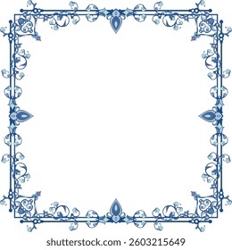 Vector ornamental frame series. Page decoration designs in Oriental and Turkish style, great for greeting cards and wedding invitations. Blue and violet colors. Human made, non-AI generated.