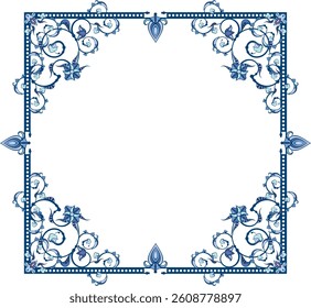 Vector ornamental frame series. Page decoration designs in Oriental and Turkish style, great for greeting cards and wedding invitations. Blue and violet colors. Human made, non-AI generated.