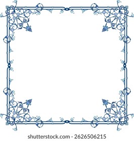 Vector ornamental frame series. Page decoration designs in Oriental and Turkish style, great for greeting cards and wedding invitations. Blue and violet colors. Human made, non-AI generated.