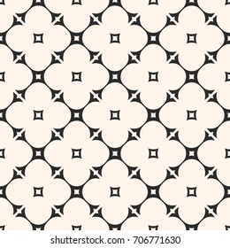 Vector ornamental geometric seamless pattern. Simple geometrical rounded shapes, diagonal lattice, floral silhouettes. Subtle elegant monochrome texture. Abstract repeat background, tileable design