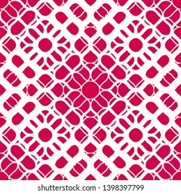 Vector ornamental halftone texture. Abstract geometric seamless pattern with gradient transition effect, grid, mesh, weave, lattice, floral silhouettes. Red and white background. Repeatable design 
