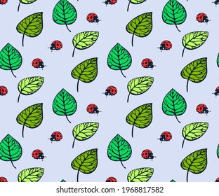 Vector ornamental hand drawing birch and ladybug decorative background. Leafs seamless pattern ornament. Vector pattern.