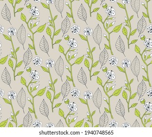 Vector ornamental hand drawing decorative background. Twigs and flowers seamless pattern ornament. Vector pattern.