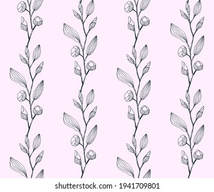 Vector ornamental hand drawing decorative background. Twigs and flowers seamless pattern ornament. Vector pattern.
